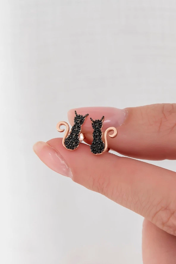 925 Ayar Minik Siyah Kedi Küpe Kadın Gümüş Küpe ürün görseli 1