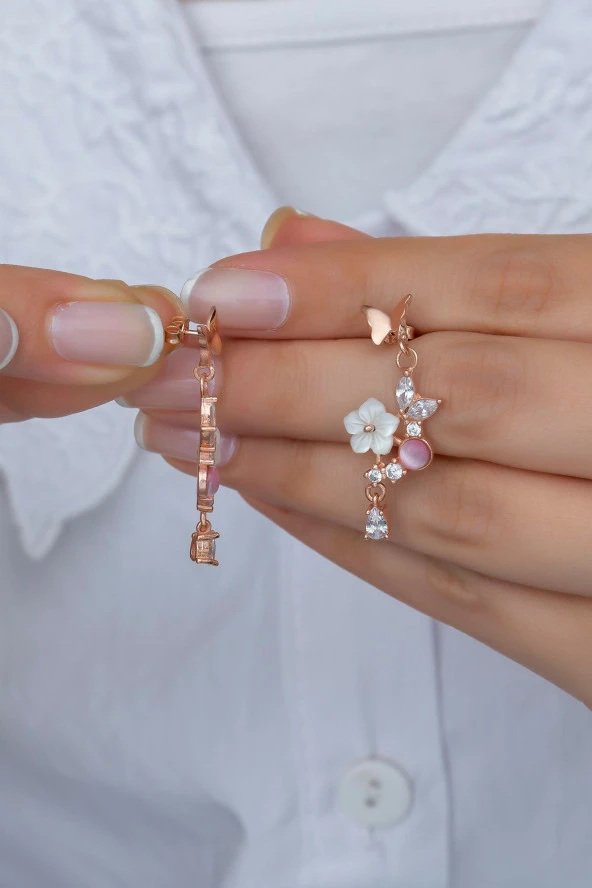 925 Ayar Gümüş Pembe Taşlı Kelebek Manolya Çiçeği Küpe ürün görseli 1