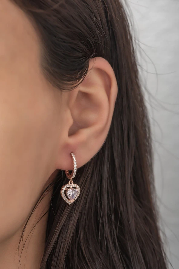 925 Ayar Gümüş Pembe Taşlı Kalp Model Küpe ürün görseli 1