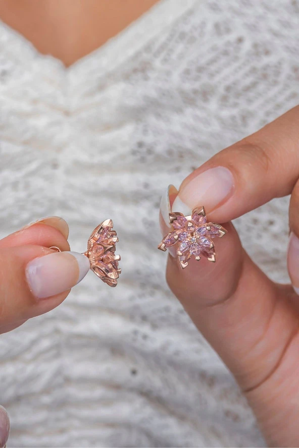 925 Ayar Gümüş Pembe Taşlı Lotus Çiçeği Küpe ürün görseli 1