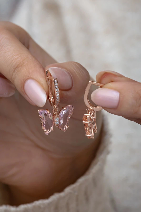 925 Ayar Gümüş Pembe Taşlı Sallantılı Kelebek Küpe ürün görseli 1