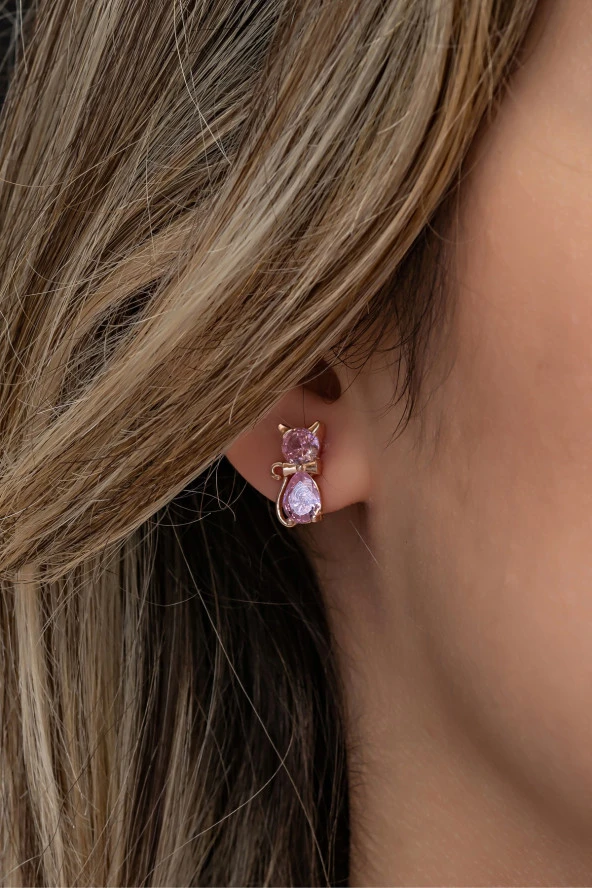 925 Ayar Gümüş Rose Pembe Taşlı Kedi Küpe ürün görseli 1