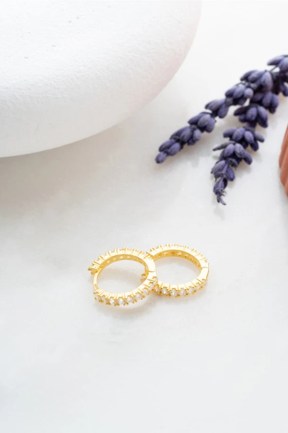 925 Ayar Gümüş Gold Kaplama 15 mm Zirkon Taşlı Tamtur Küpe ürün görseli 1