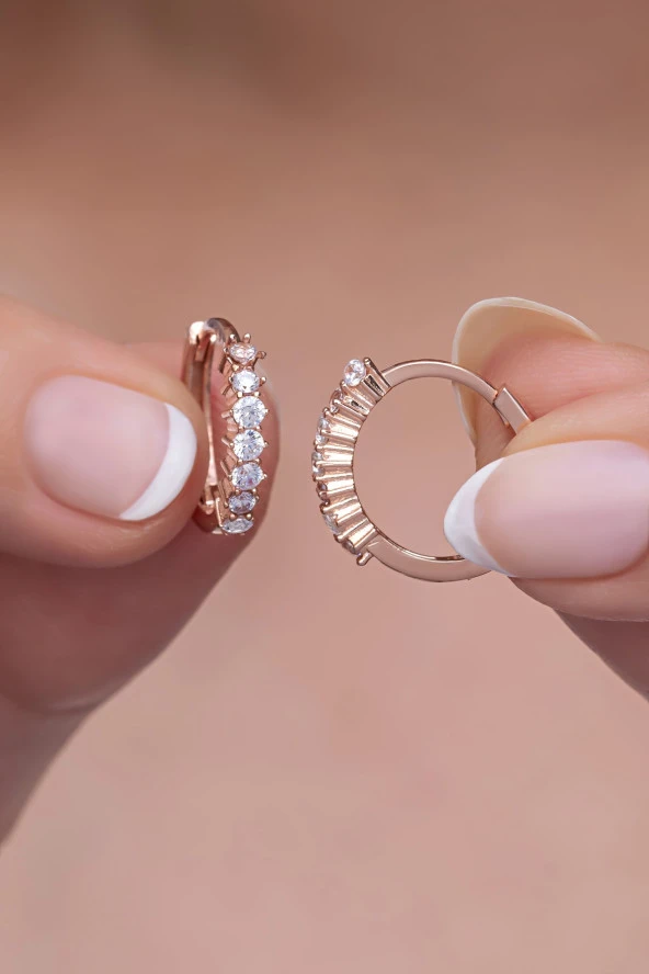 925 Ayar Gümüş Rose 15 Mm Zirkon Taşlı Halka Küpe ürün görseli 1