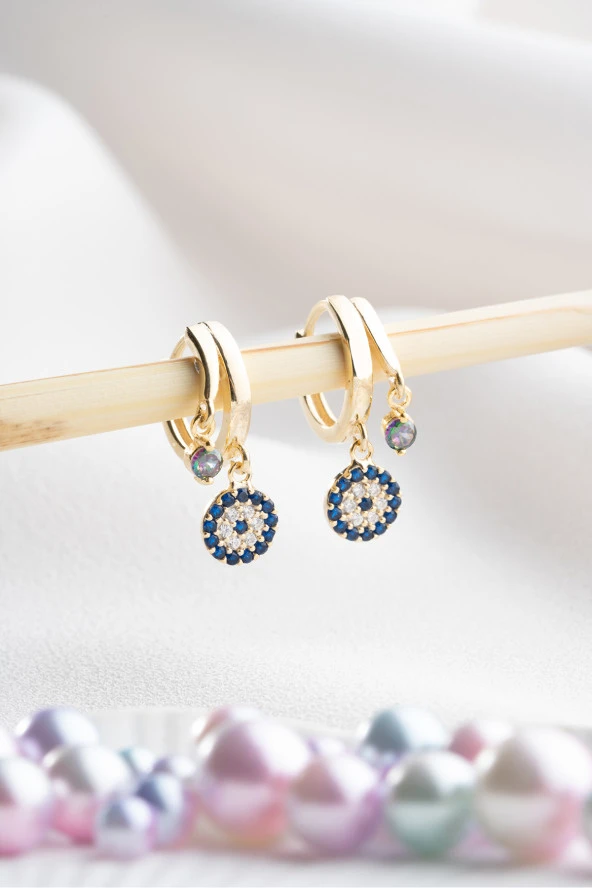 925 Ayar Gümüş Gold Mistik Topaz Taşlı 12 mm Nazar Küpe ürün görseli 1