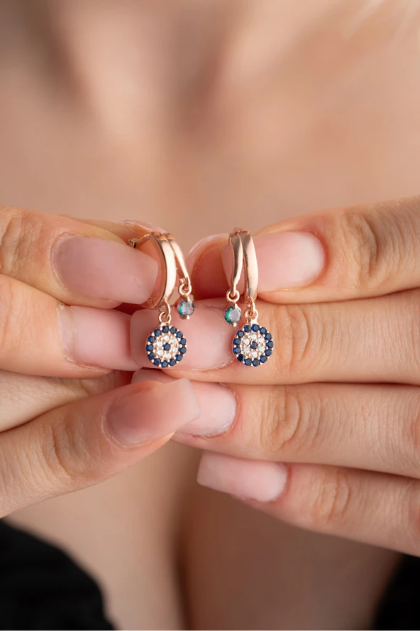 925 Ayar Gümüş Rose Mistik Topaz Taşlı 12 mm Nazar Küpe ürün görseli 1