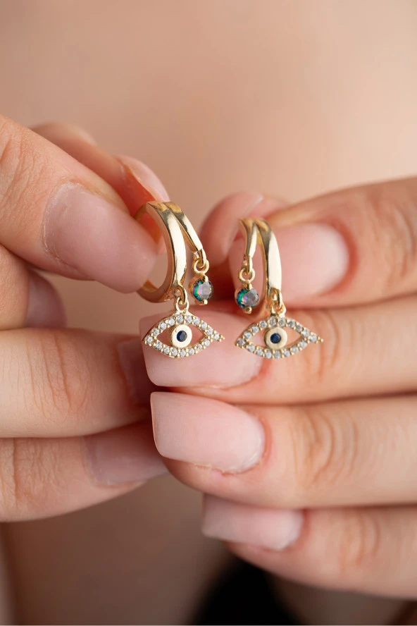 925 Ayar Gümüş Gold Mistik Topaz Taşlı 12 mm Göz Küpe ürün görseli 1