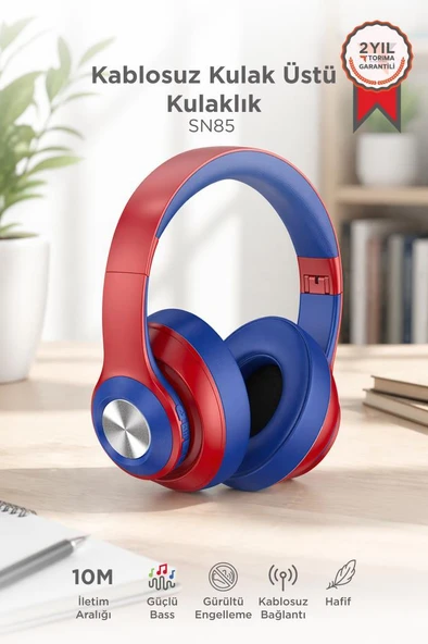 Bluetooth Kulaklık Kulak Üstü Kablosuz Kulaklık SN85 Kırmızı Mavi ürün görseli 1