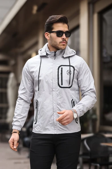 Siyah Şerit Detaylı Spor Model Kumaş Mont Gri Renk ürün görseli 1
