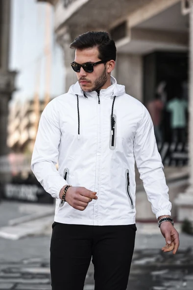 Şerit Reflektör Detaylı Spor Model Kumaş Mont Beyaz Renk ürün görseli 1