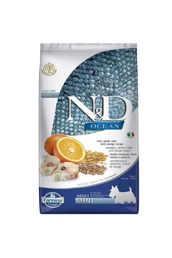 N&D Ocean Morina Balıklı Portakallı Küçük Irk Ata Tahıllı Yetişkin Köpek Maması 7kg ürün görseli 1