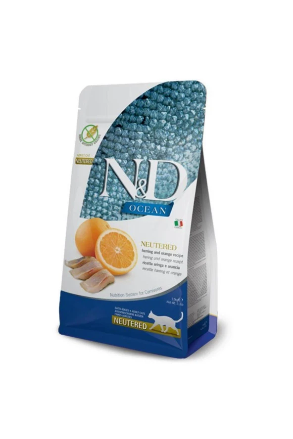N&D Ocean Ringa Balıklı ve Portakallı Tahılsız Kısırlaştırılmış Kedi Maması 5kg ürün görseli 1