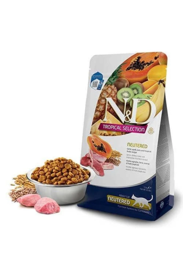 N&D Tropical Selection Kuzu Etli ve Tropikal Meyveli Kısırlaştırılmış Kedi Maması 4kg+1kg HEDİYE! ürün görseli 1