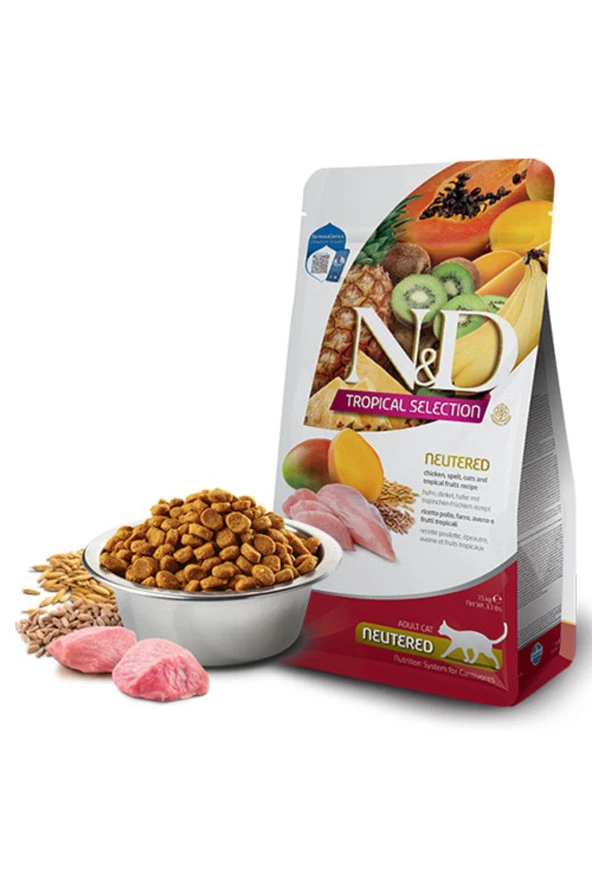 N&D Tropical Selection Tavuklu ve Tropikal Meyveli Kısırlaştırılmış Kedi Maması 4kg+1kg HEDİYE ürün görseli 1