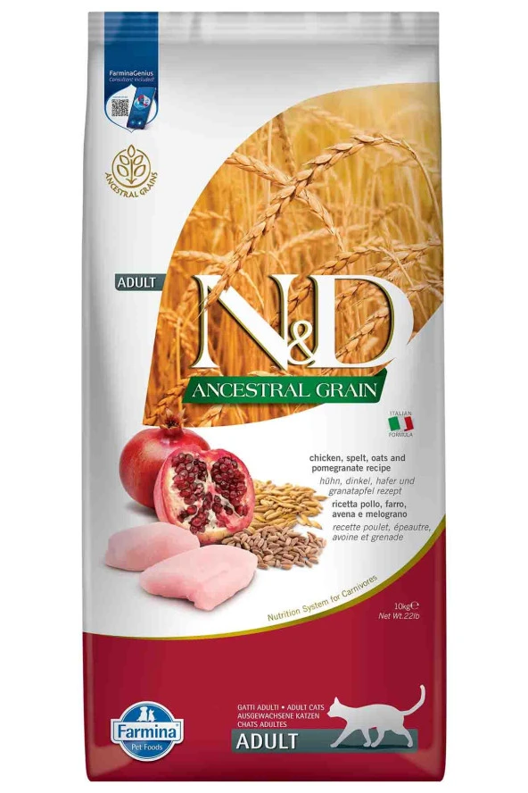 N&D Ancestral Grain Tavuklu ve Narlı Ata Tahıllı Yetişkin Kedi Maması 10kg ürün görseli 1