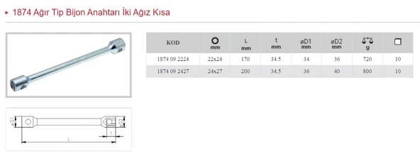 İZELTAŞ 24X27 KISA  AĞIR TİP BİJON ANAHTARI İKİ AĞIZ 1874 09 2427 ürün görseli 1