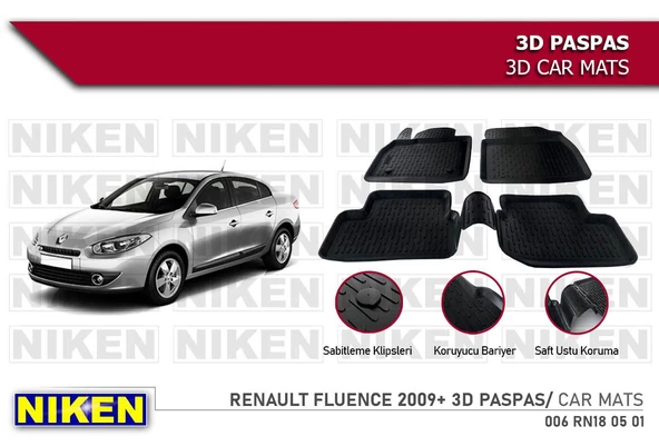 Renault Fluence Havuzlu 3D Paspas Niken Siyah 2009+ Sonrası ürün görseli 1