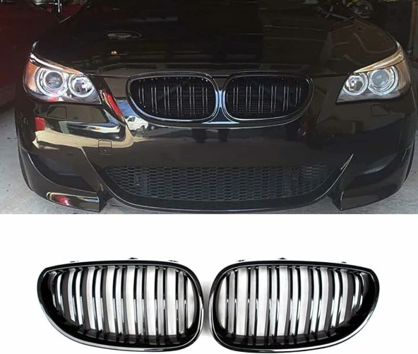 Bmw E60 çift çizgi ön panjur ızgara 2004-2009 arası parlak siyah ürün görseli 1
