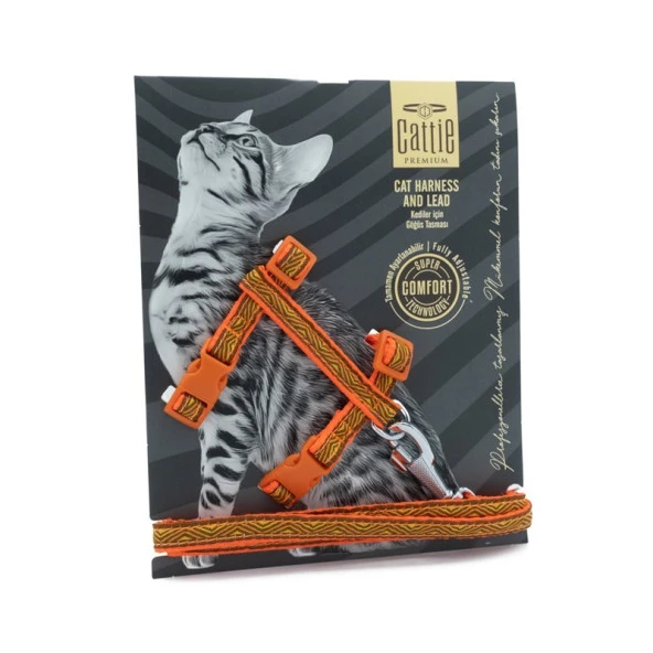 Cattie Desenli Kedi Göğüs ve Gezirme Tasması Takım Turuncu 1x25-40 Cm ürün görseli 1