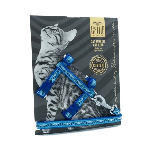 Cattie Desenli Kedi Göğüs ve Gezirme Tasması Takım RoyalMavi 1x25-40 Cm ürün görseli 1