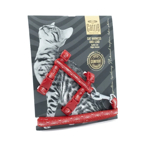 Cattie Desenli Kedi Göğüs ve Gezirme Tasması Takım Kırmızı 1x25-40 Cm ürün görseli 1