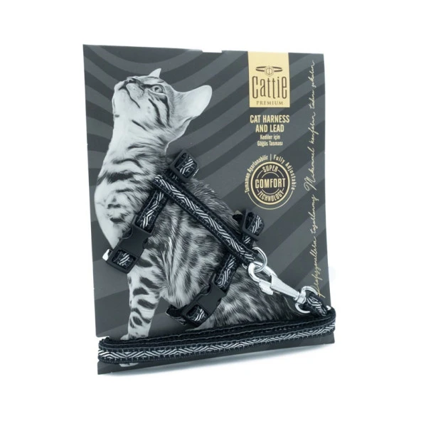 Cattie Desenli Kedi Göğüs ve Gezirme Tasması Takım Siyah 1x25-40 Cm ürün görseli 1