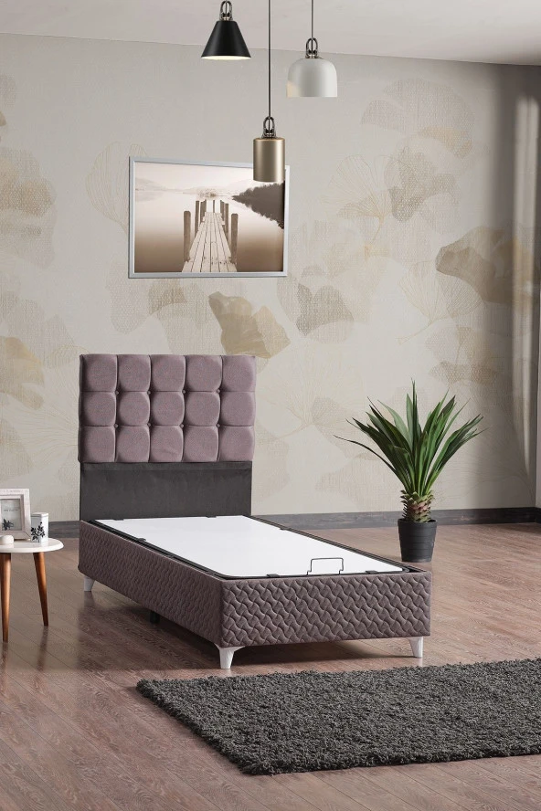 Evdemo  Bengü Tek Kişilik Baza Başlık Set Gri 90x190 ürün görseli 1
