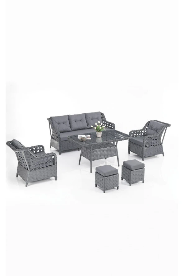 Evdemo Eren Rattan Puflu 3+1+1 Bahçe Balkon Takımı, Antrasit ürün görseli 1