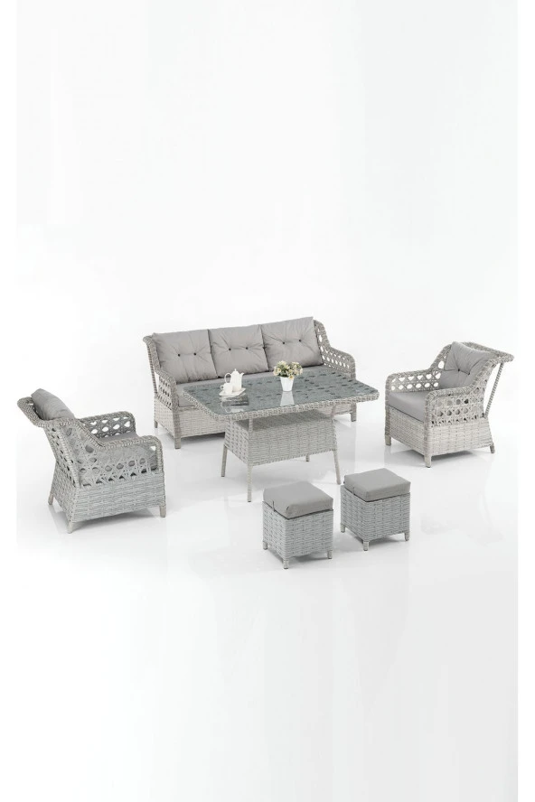 Evdemo  Eren Rattan Puflu Bahçe Balkon Takımı 3+1+1 Gri ürün görseli 1