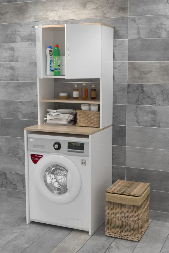 Evdemo  Çamaşır Makinesi Üstü Banyo Dolabı Rafı Beyaz ürün görseli 1