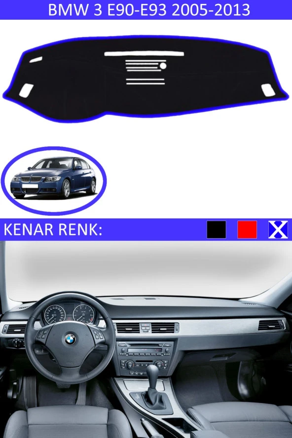 Bmw 3 E90-e93 2005-2013 Için Uygun Torpido Koruma Halısı Siyah Kenar Renk Mavi ürün görseli 1