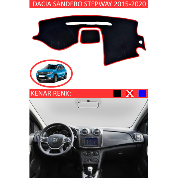 Dacia Sandero Stepway 2015-2020 Için Uygun Torpido Koruma Halısı Siyah Kenar Renk Kırmızı ürün görseli 1