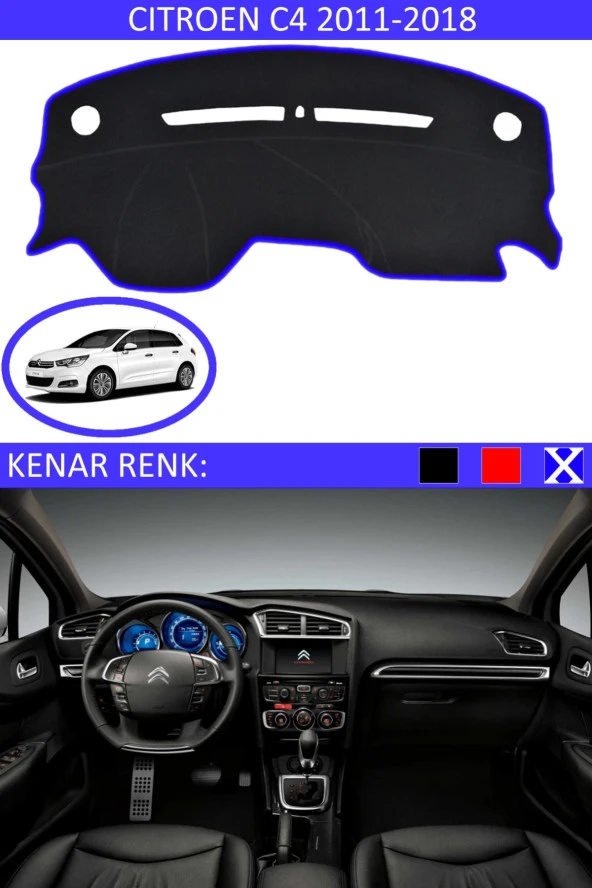 Citroen C4 2011-2018 Için Uygun Torpido Koruma Halısı Siyah Kenar Renk Mavi ürün görseli 1