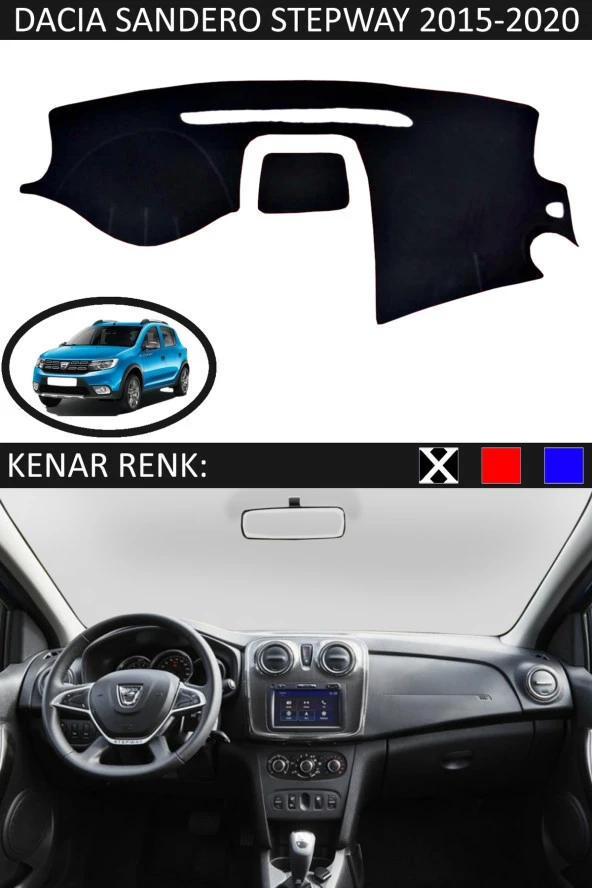 Dacia Sandero Stepway 2015-2020 İçin Uygun Torpido Koruma Halısı Siyah Kenar Renk Siyah ürün görseli 1
