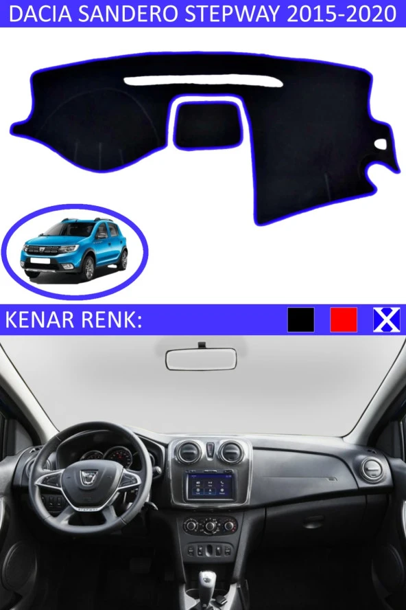 Dacia Sandero Stepway 2015-2020 Için Uygun Torpido Koruma Halısı Siyah Kenar Renk Mavi ürün görseli 1