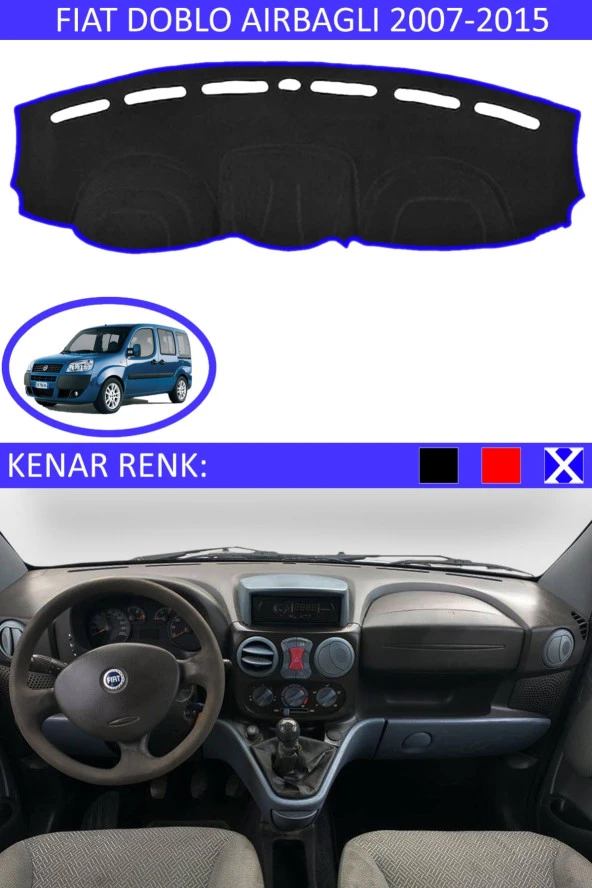 Fiat Doblo Airbagli 2007-2015 Için Uygun Torpido Koruma Halısı Siyah Kenar Renk Mavi ürün görseli 1