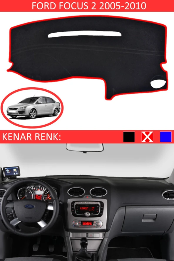 Ford Focus 2 2005-2010 Için Uygun Torpido Koruma Halısı Siyah Kenar Renk Kırmızı ürün görseli 1