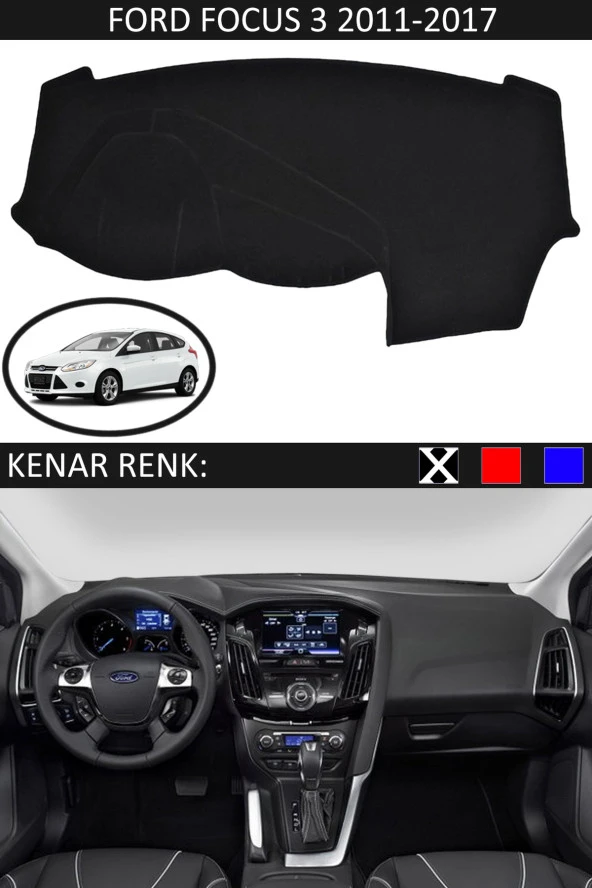 Ford Focus 3 2011-2017 İçin Uygun Torpido Koruma Halısı Siyah Kenar Renk Siyah ürün görseli 1