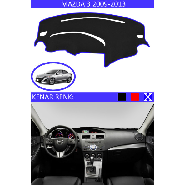 Mazda 3 2009-2013 Için Uygun Torpido Koruma Halısı Siyah Kenar Renk Mavi ürün görseli 1