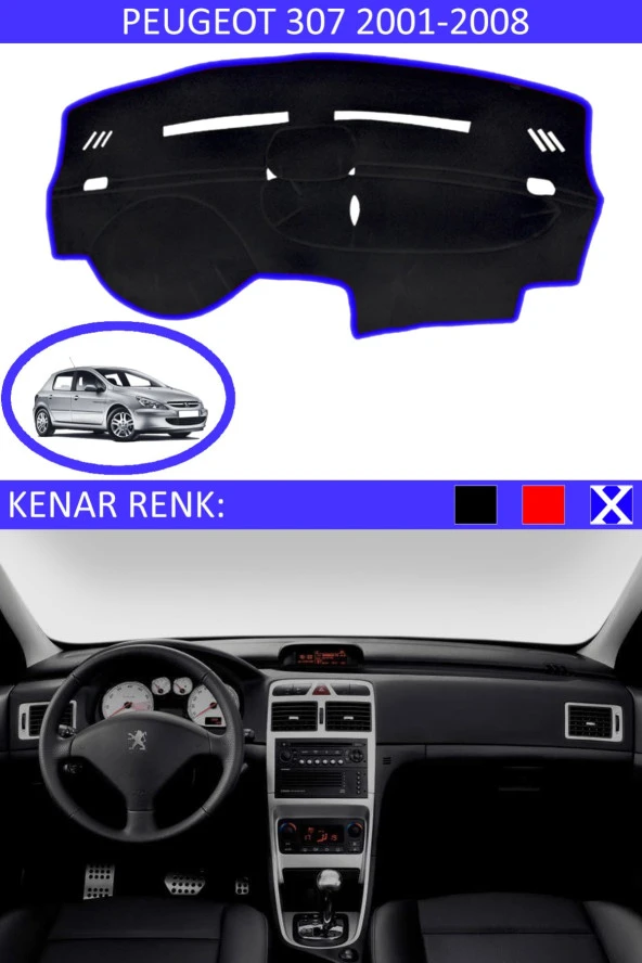 Peugeot 307 2001-2008 Için Uygun Torpido Koruma Halısı Siyah Kenar Renk Mavi ürün görseli 1
