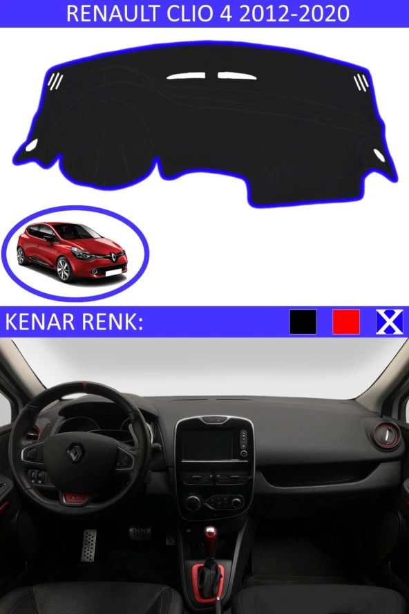 Renault Clio 4 2012-2020 Için Uygun Torpido Koruma Halısı Siyah Kenar Renk Mavi ürün görseli 1