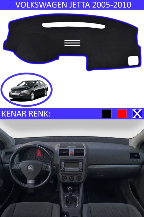 Volkswagen Jetta 2005-2010 Için Uygun Torpido Koruma Halısı Siyah Kenar Renk Mavi ürün görseli 1