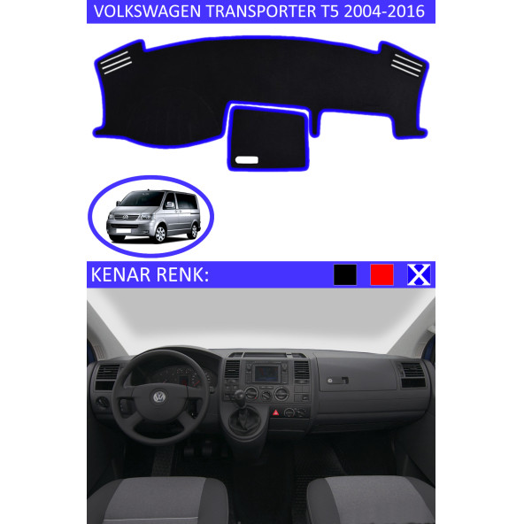 Volkswagen Transporter T5 2004-2016 Için Uygun Torpido Koruma Halısı Siyah Kenar Renk Mavi ürün görseli 1