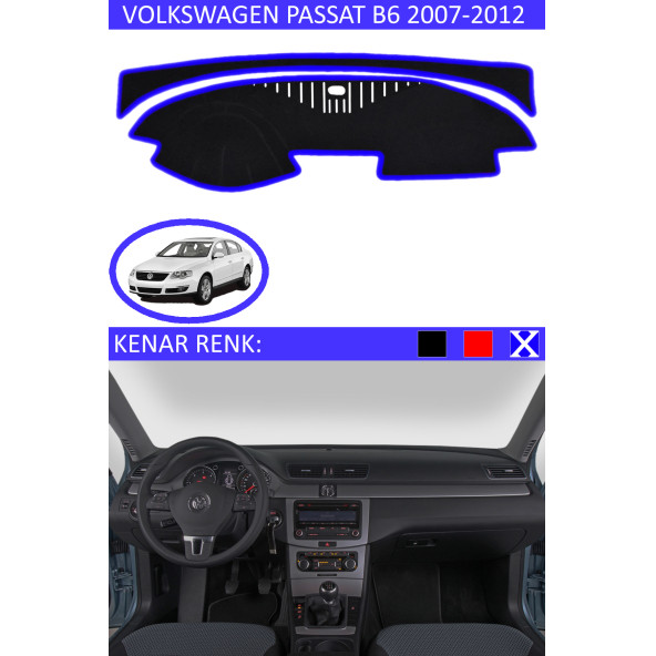 Volkswagen Passat B6 2007-2012 Için Uygun Torpido Koruma Halısı Siyah Kenar Renk Mavi ürün görseli 1