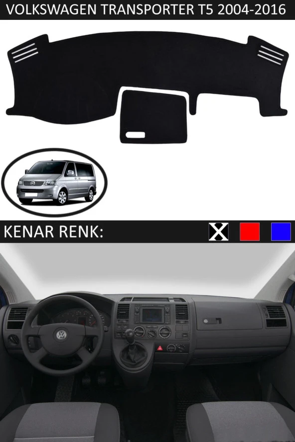 Volkswagen Transporter T5 2004-2016 Için Uygun Torpido Koruma Halısı Siyah Kenar Renk Siyah ürün görseli 1