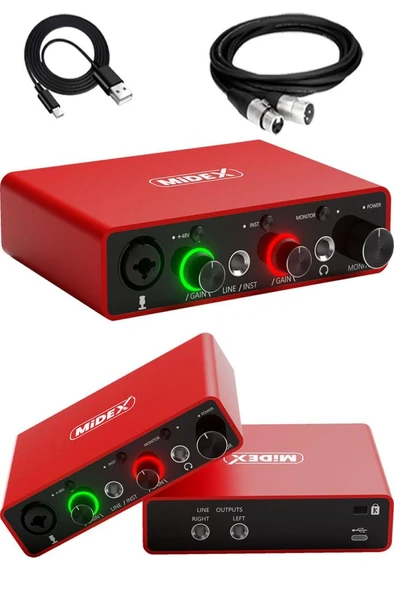 Midex GLX-700RD XLR Üst Segment Usb Stüdyo Ses Kartı 2 Giriş 2 Çıkış 24bit/192kHz ürün görseli 1