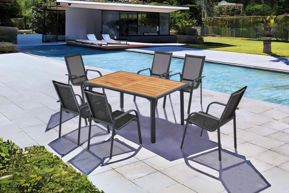 Berlin 6 Kişilik 90x150 Iroko Alüminyum Masa Sandalye Takımı ürün görseli 1