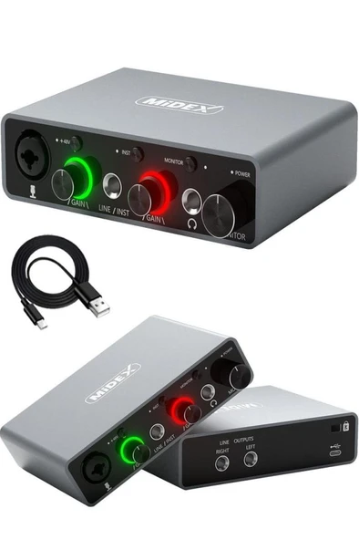 Midex GLX-700GR Üst Segment Usb Stüdyo Ses Kartı 2 Giriş 2 Çıkış 24bit/192kHz - Resim 2