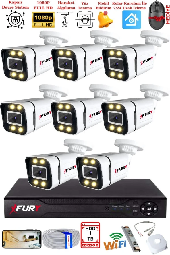 FURY 8 Kameralı 1080P Görüntü Gece Renkli Full Hd 4 x Ultra Led Gece Renkli Güvenlik Kamerası Seti 1TB ürün görseli 1
