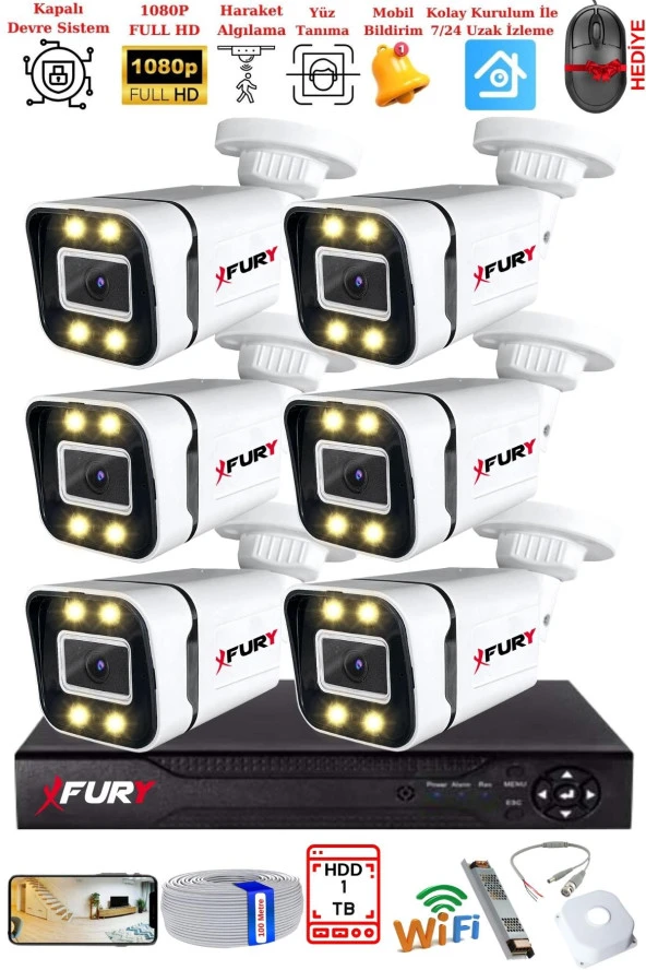 FURY 6 Kameralı 1080P Görüntü Gece Renkli Full Hd 4 x Ultra Led Gece Renkli Güvenlik Kamerası Seti 1TB ürün görseli 1